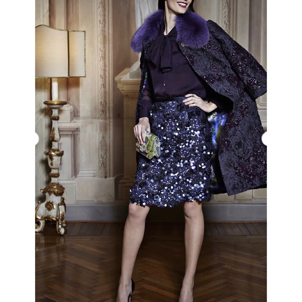 PAOLA QUADRETTI Navy Silk Lace Couture Pencil Skirt Handmade Florence Italy